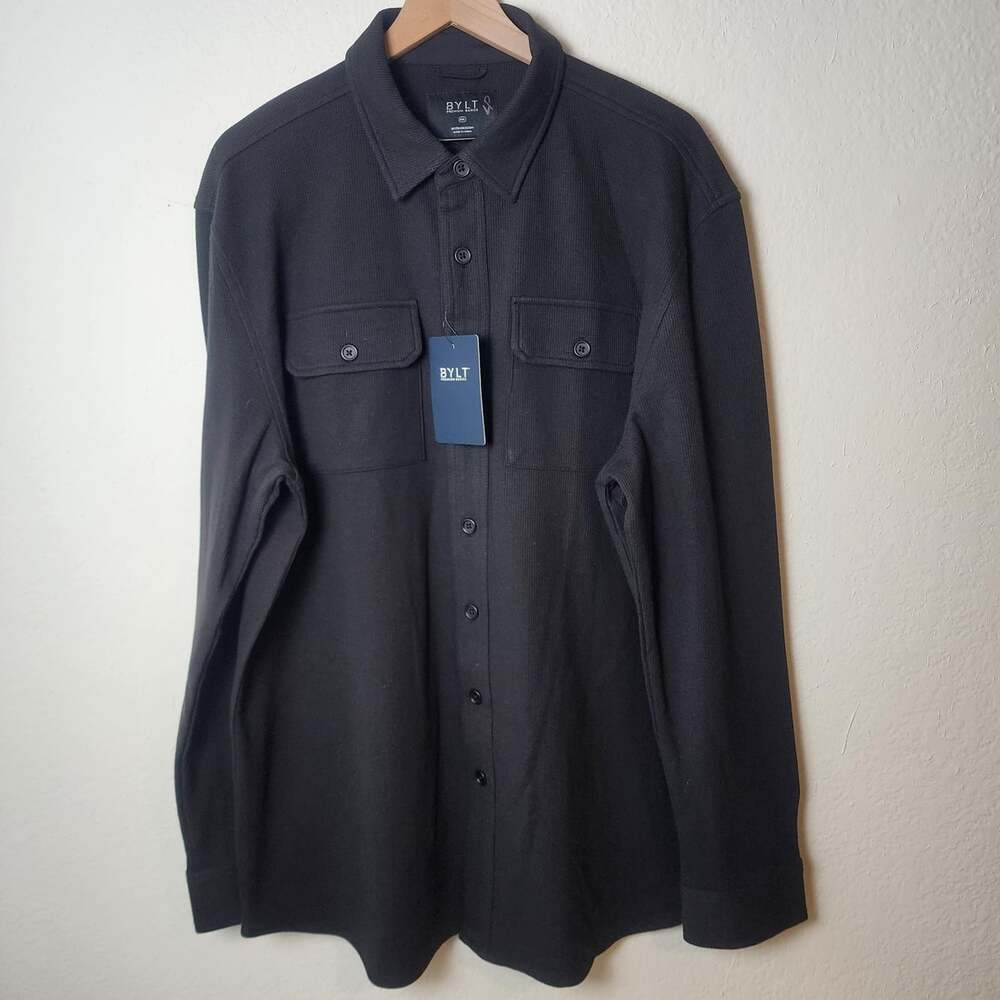 NEW BYLT Premium Basics Shirt Men 2XL Black Thermal Long Sleeve Button Up Casual